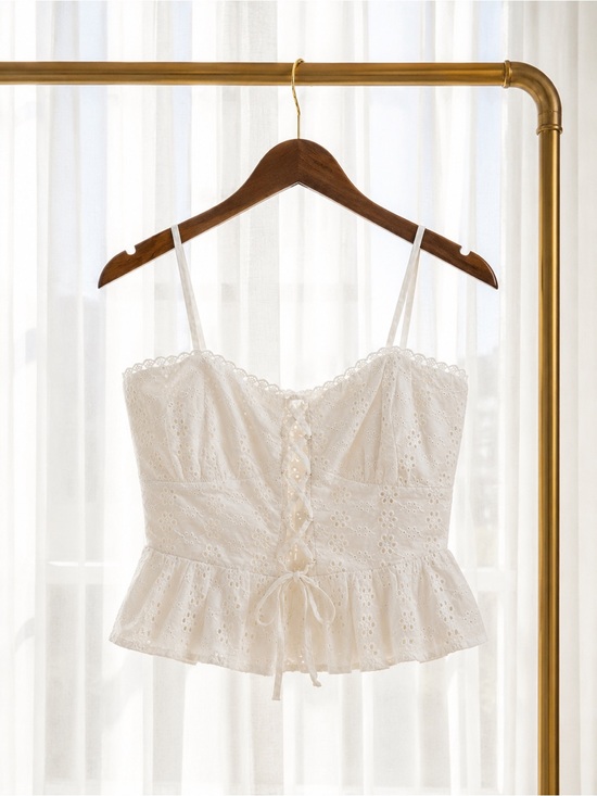 wild fable Tops - wild fable White Eyelet Lace-Up Peplum Cami